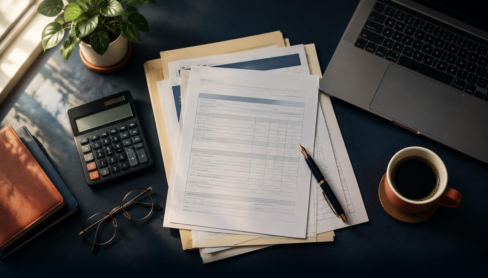 Mesa de escritório de contabilidade com documentos, calculadora e portátil